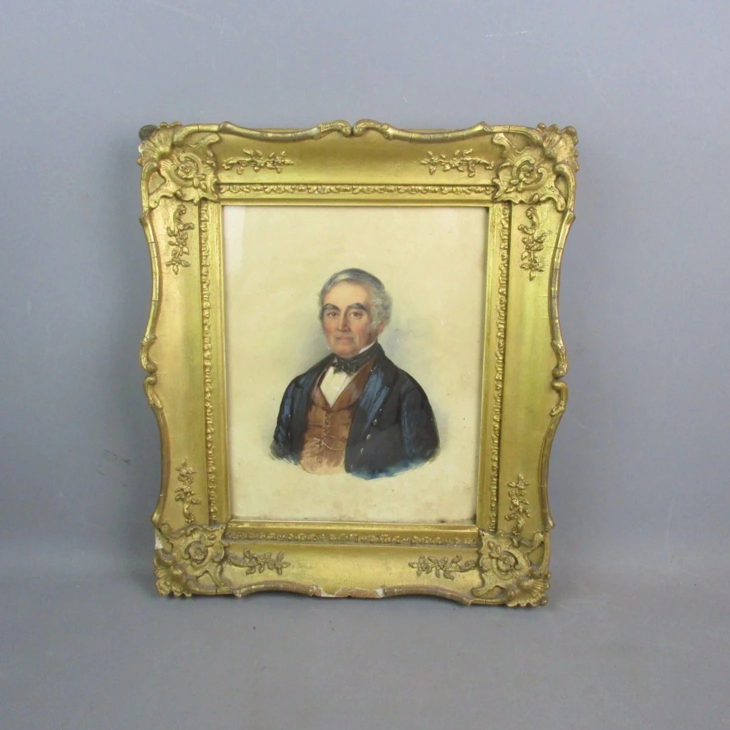 Gold Rococo Framed Watercolour Portrait Painting Of Gentleman Antique Victorian c1860