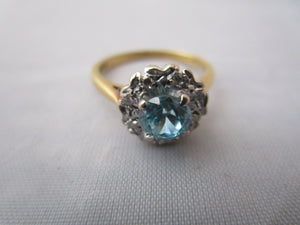 18K Gold Platinum Blue Zircon And Diamond Cluster Ring Vintage London 1969