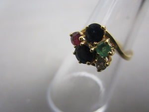 18k Yellow Gold Ruby Sapphire Diamond Emerald Ring Vintage c1980