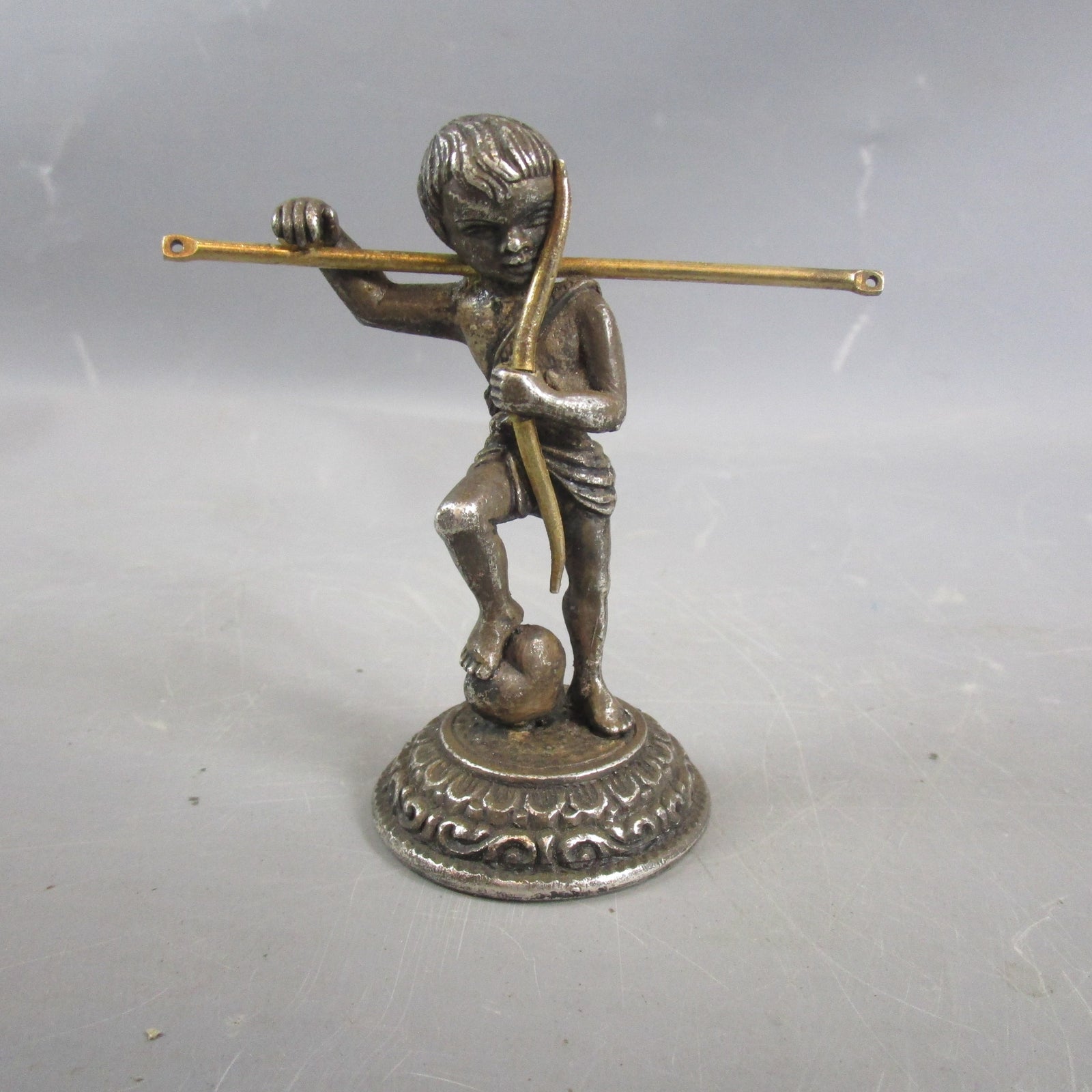 Cast White Metal Cherub Standing On Heart Holding Bow Antique Victorian c1880
