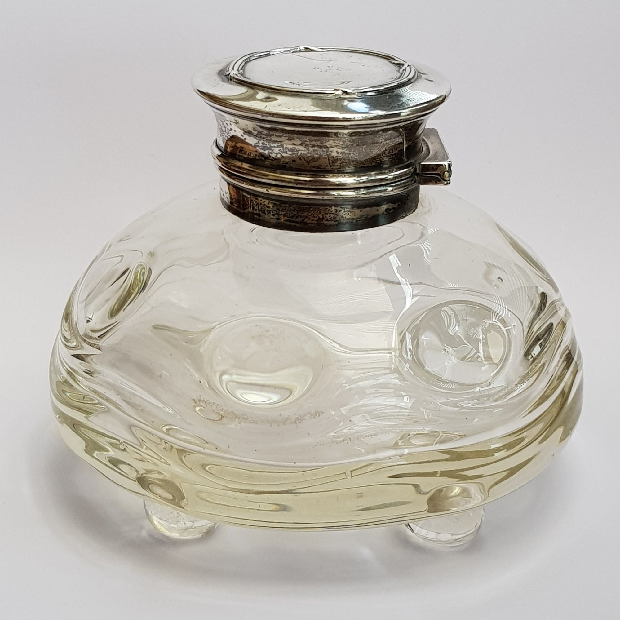 Sterling Silver Lidded Hand Blown Glass Dimple Pattern Desk Ink Well Antique Edwardian Circa 1906