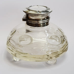 Sterling Silver Lidded Hand Blown Glass Dimple Pattern Desk Ink Well Antique Edwardian Circa 1906