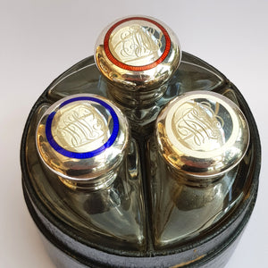 Rare Asprey Of London Sterling Silver Mounted Blown Glass Perfume Bottle Set In Leather Case Victorian Edwardian Antique Circa 1901