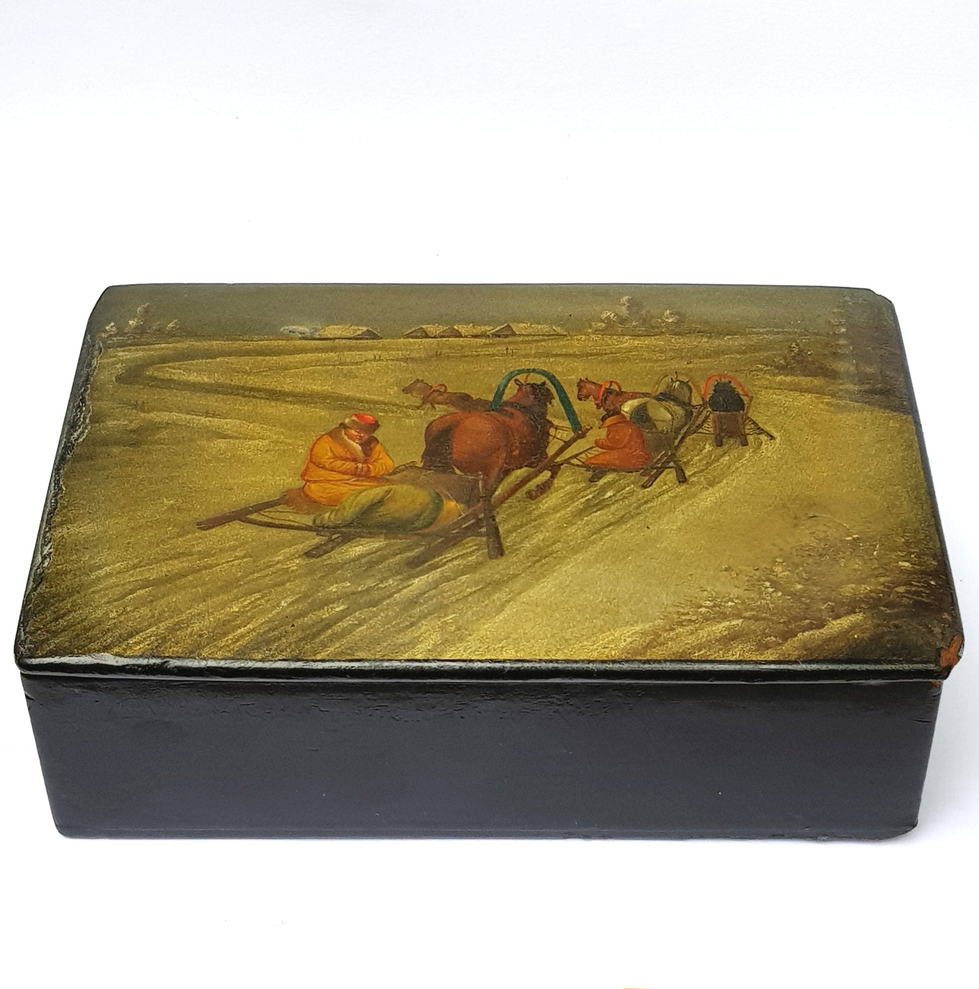 Gouache Hand Painted Table Snuff Box Sleigh Travellers In The Snow Scene Antique Russian Alexander II 19th Century Circa 1860's