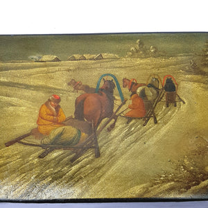 Gouache Hand Painted Table Snuff Box Sleigh Travellers In The Snow Scene Antique Russian Alexander II 19th Century Circa 1860's