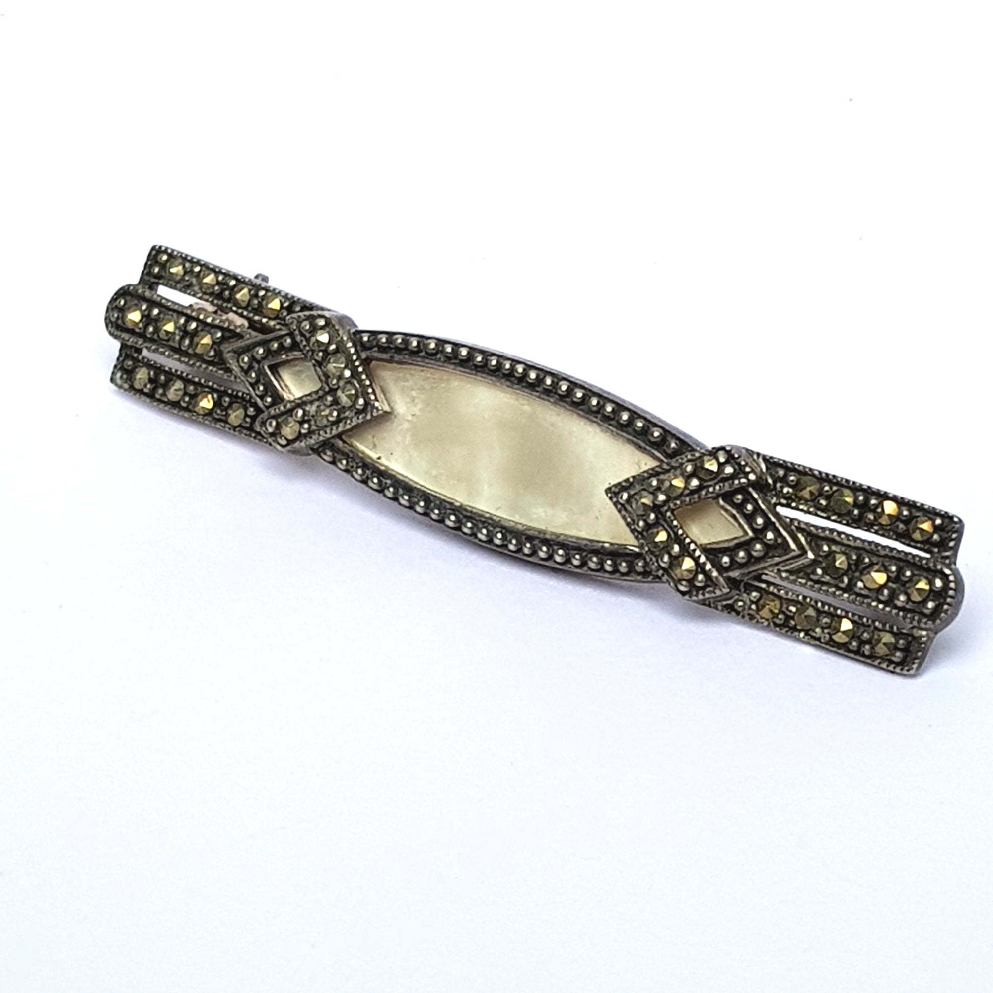 Solid Silver Mother Of Pearl And Marcasite Stylish Bar Brooch Art Deco Style Vintage Circa 1950's
