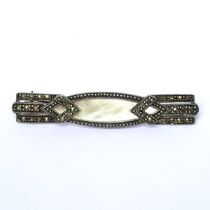 Solid Silver Mother Of Pearl And Marcasite Stylish Bar Brooch Art Deco Style Vintage Circa 1950's