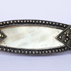 Solid Silver Mother Of Pearl And Marcasite Stylish Bar Brooch Art Deco Style Vintage Circa 1950's