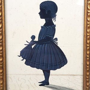 Superb Hand Drawn Ink And Gouache Silhouette Of A Girl With A Doll In Ornate Gilt Frame Early Victorian Circa 1850