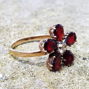 9K Gold Garnet And Diamond Floral Ring Antique Georgian c1820