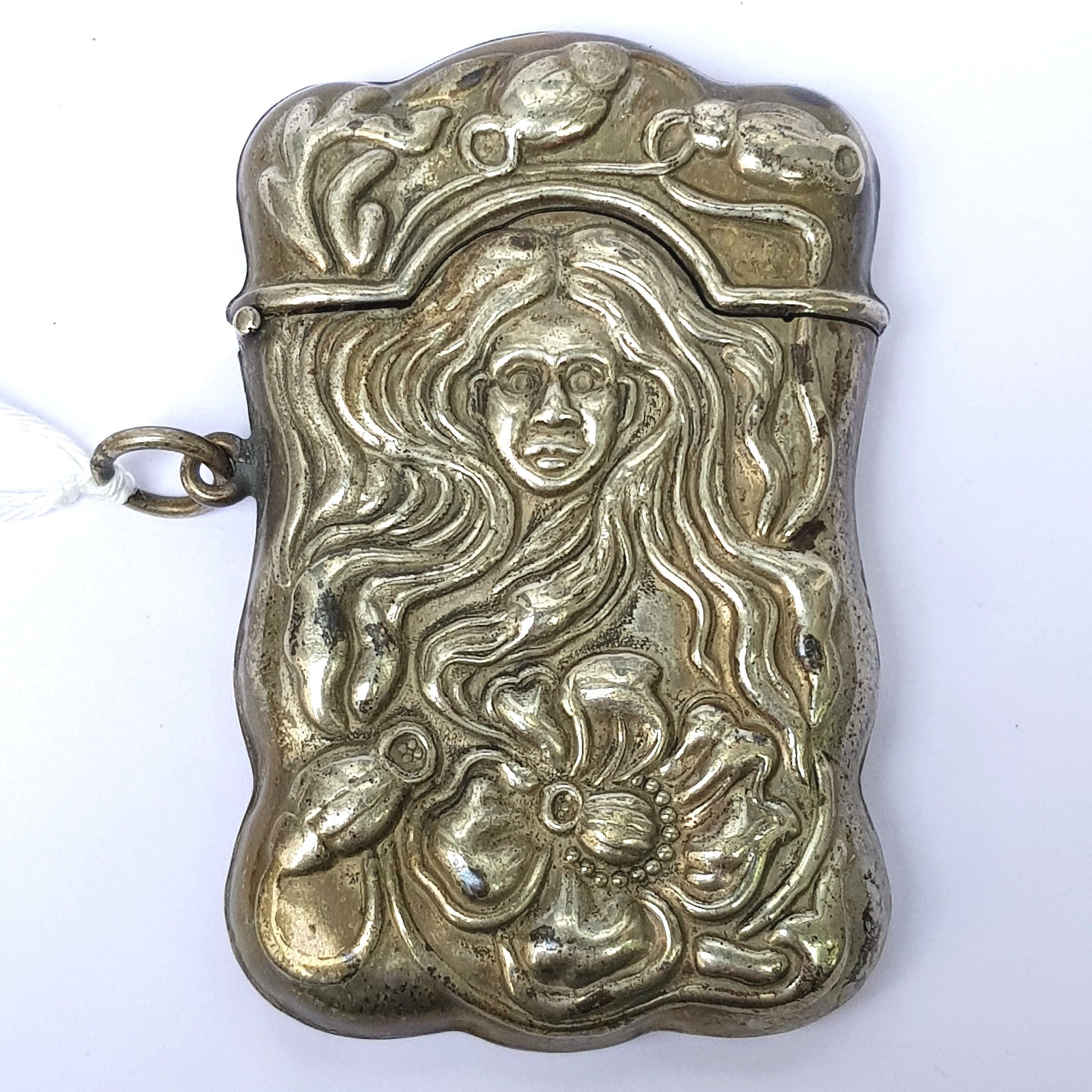 Silver Plated Match Vesta Case Ladies Head In Flowers Rare Pattern Victorian Art Nouveau Circa 1900