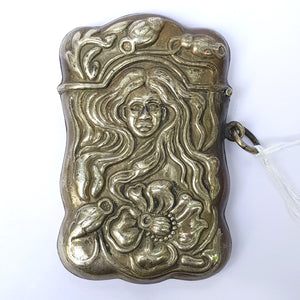 Silver Plated Match Vesta Case Ladies Head In Flowers Rare Pattern Victorian Art Nouveau Circa 1900