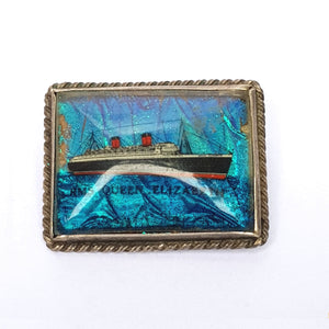 Sterling Silver Butterfly Wing Under Glass RMS Queen Elizabeth Cunard Passenger Liner Souvenir Brooch Vintage Circa 1947