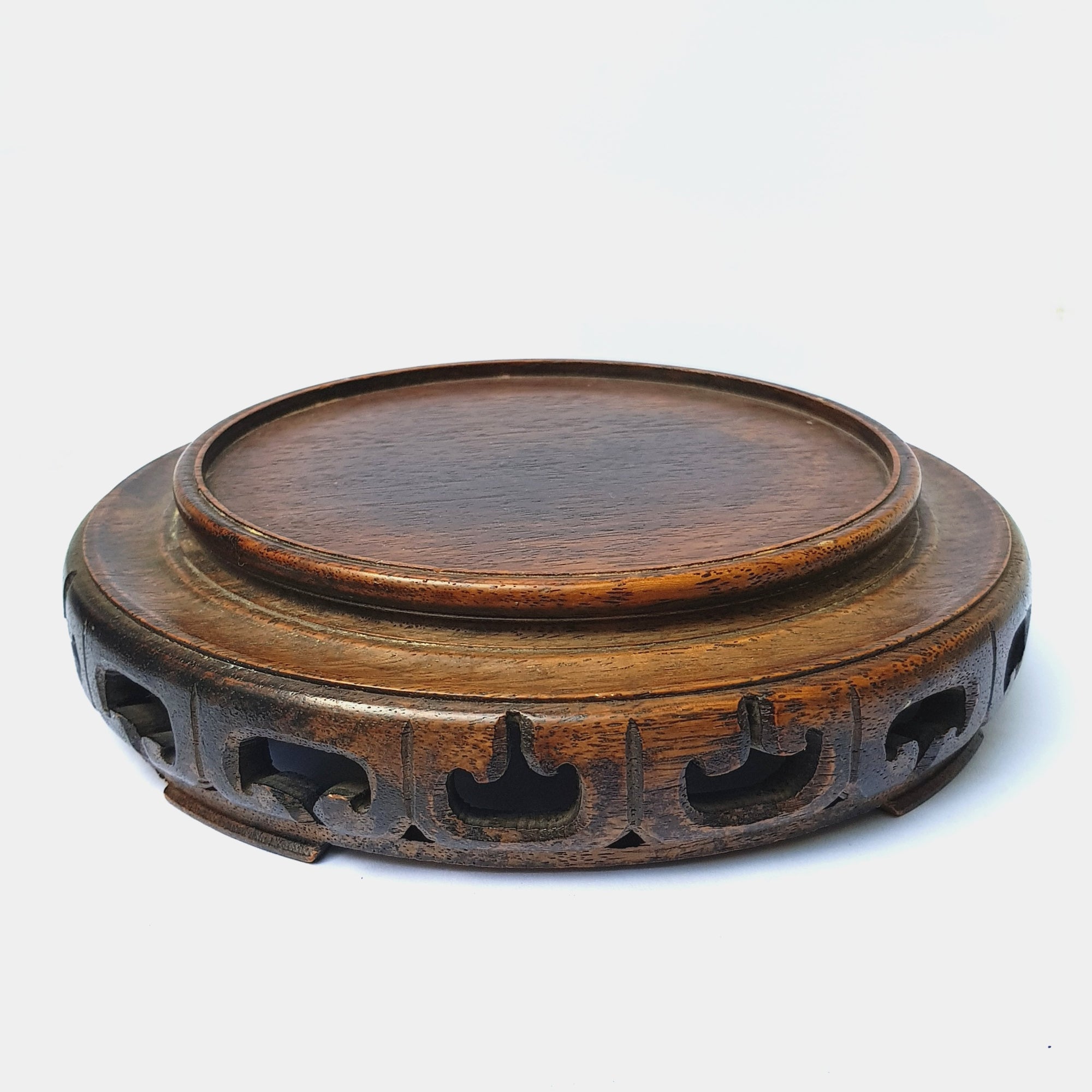 Chinese Hand Carved Fruitwood Vase Or Pot Stand With Keyed Gallery Detail Antique Vintage Circa 1920's