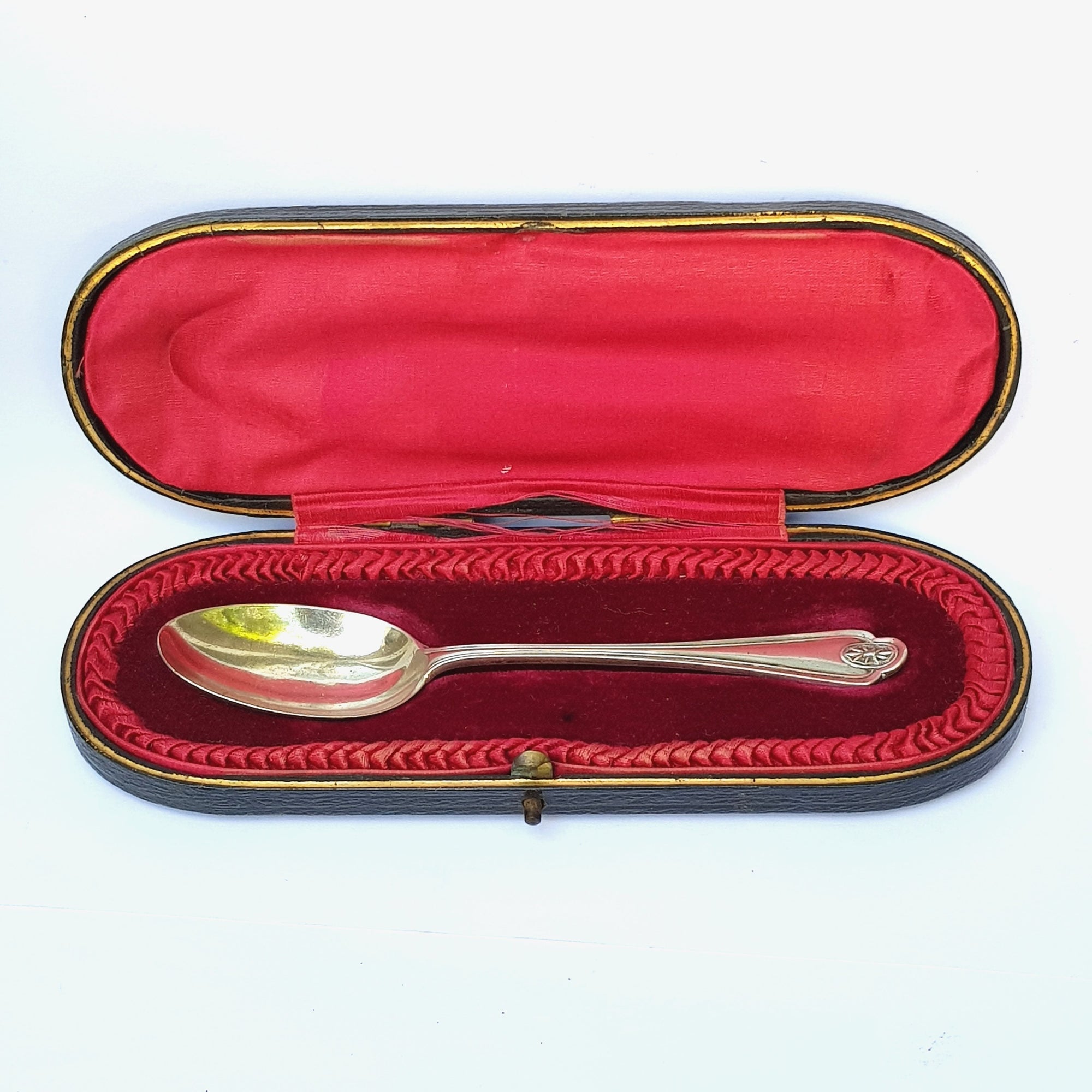 Sterling Silver Christening Spoon In Original Fitted Leather Case-Vintage Victorian Style London Circa 1930