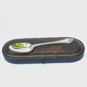 Sterling Silver Christening Spoon In Original Fitted Leather Case-Vintage Victorian Style London Circa 1930