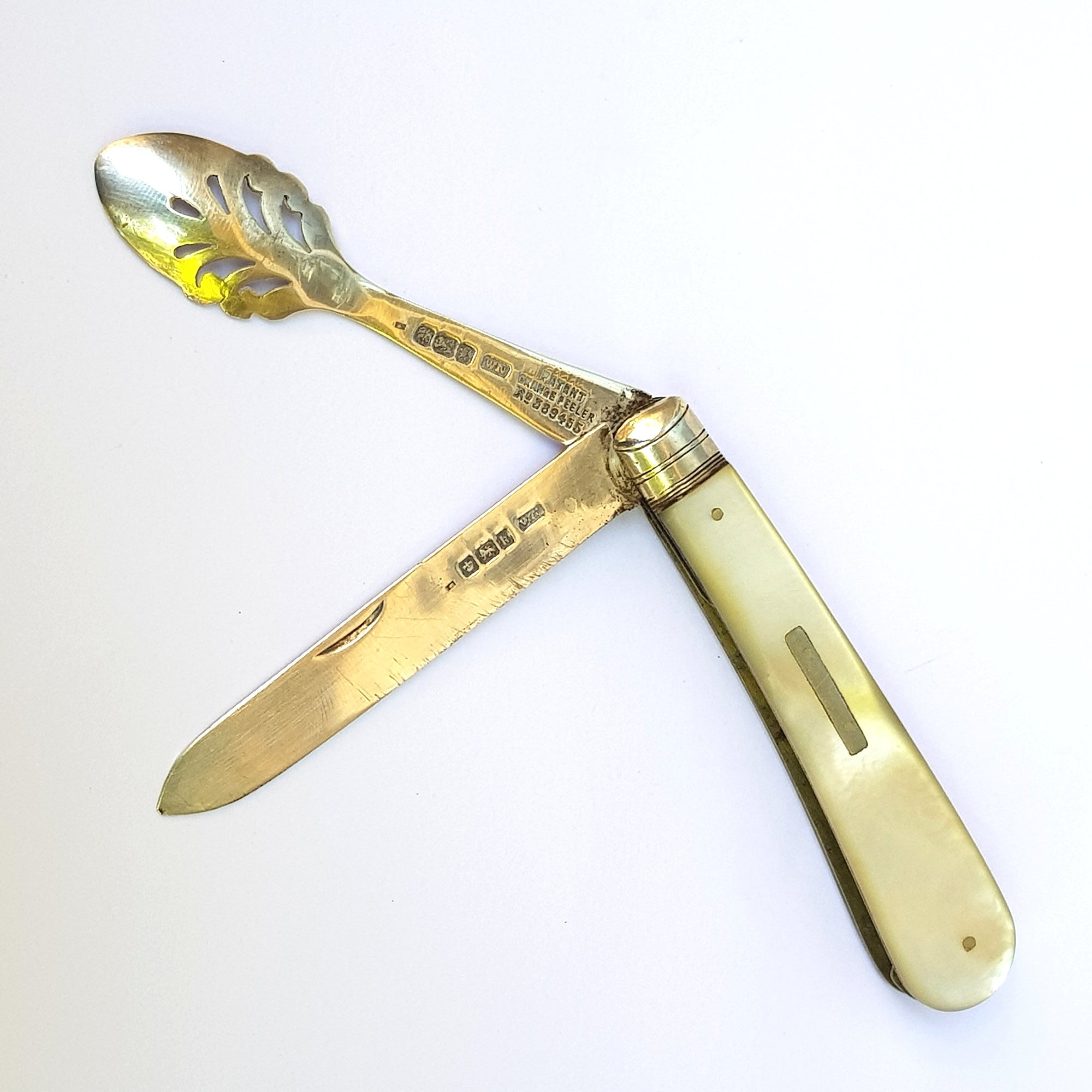 Rare Sterling Silver Mother Of Pearl Cased Pocket Orange Fruit Peeler With Scoop Antique Edwardian Sheffield Circa 1902