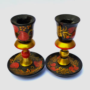 Good pair Of Hand Painted And Carved Fruit Decorated Wooden Candlesticks Eastern European Vintage Circa 1950's