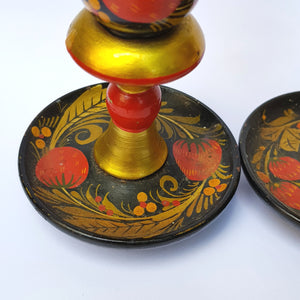 Good pair Of Hand Painted And Carved Fruit Decorated Wooden Candlesticks Eastern European Vintage Circa 1950's