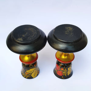 Good pair Of Hand Painted And Carved Fruit Decorated Wooden Candlesticks Eastern European Vintage Circa 1950's