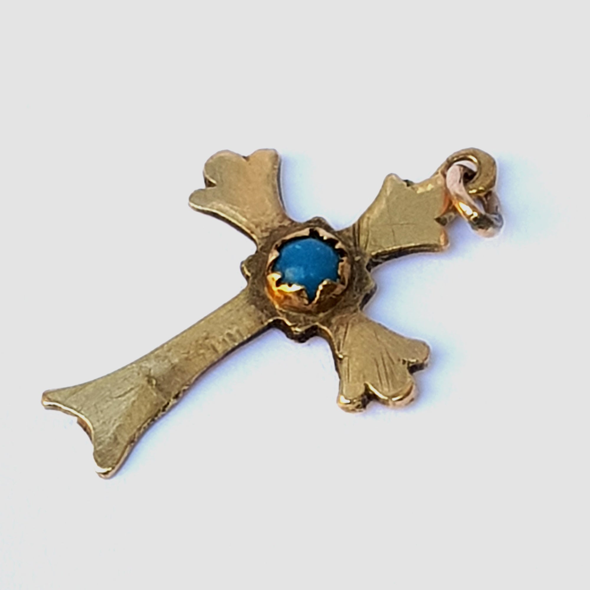 9k 9ct Gold Turquoise Cabochon Budded Cross Pendant Antique Edwardian Circa 1910
