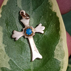 9k 9ct Gold Turquoise Cabochon Budded Cross Pendant Antique Edwardian Circa 1910