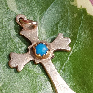 9k 9ct Gold Turquoise Cabochon Budded Cross Pendant Antique Edwardian Circa 1910