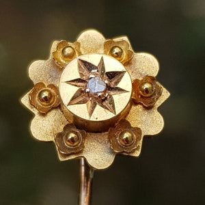 15k 15ct Gold Old Cut Diamond Set Gypsy Flower Stick Pin Tie Cravat Pin In Jewellers Box Antique Victorian Circa 1870