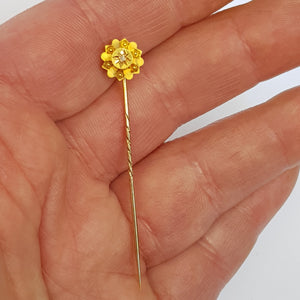 15k 15ct Gold Old Cut Diamond Set Gypsy Flower Stick Pin Tie Cravat Pin In Jewellers Box Antique Victorian Circa 1870