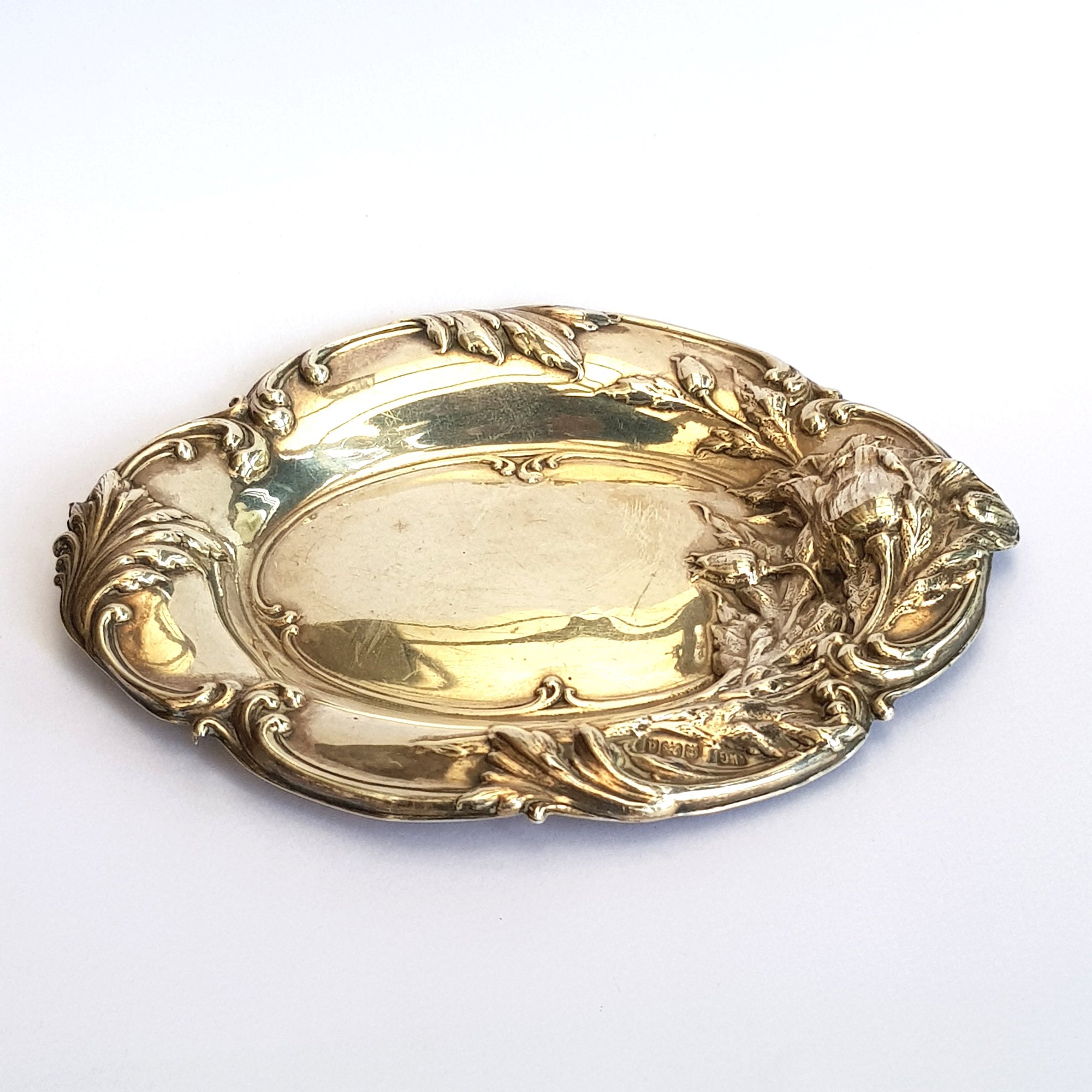 Superb Sterling Silver Floral Repousse Trinket Dish Antique Art Nouveau Birmingham Circa 1903
