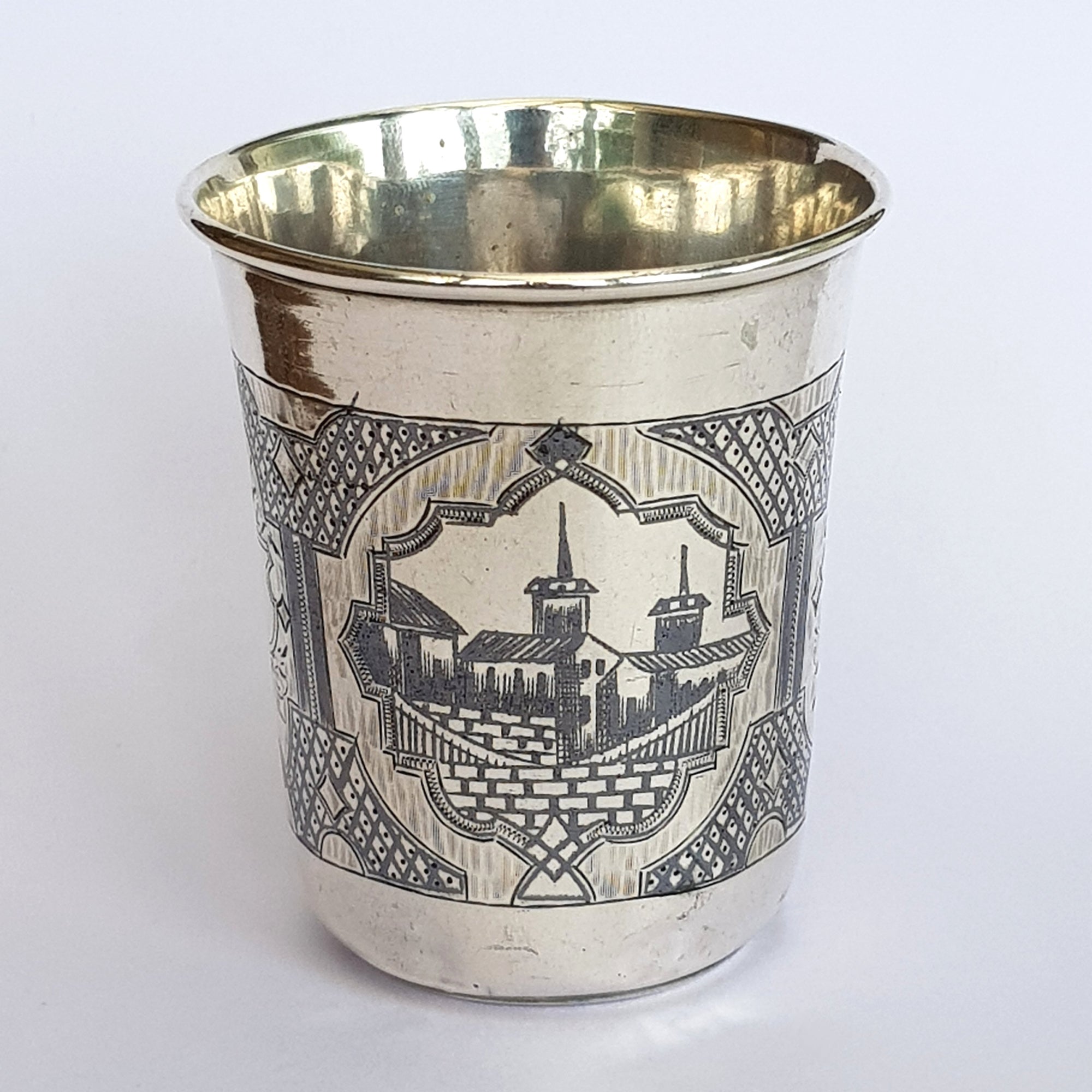 Russian Solid Silver Niello And Chased Detail Vodka Drinking Cup Antique Moscow Tsar Circa 1877