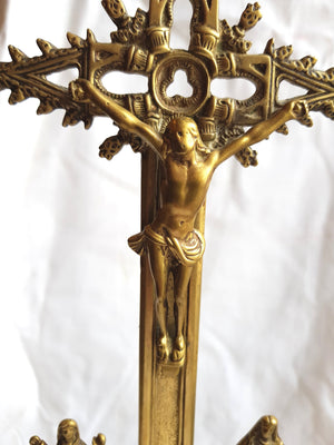 Large French Gothic Bronze & Brass Altar Cross With Corpus Antique circa 1870