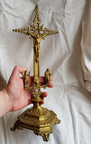 Large French Gothic Bronze & Brass Altar Cross With Corpus Antique circa 1870