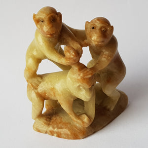 Chinese Hand Carved Soapstone Souvenir Figure Of Three Monkeys Playing Vintage Circa 1930's