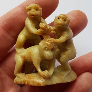 Chinese Hand Carved Soapstone Souvenir Figure Of Three Monkeys Playing Vintage Circa 1930's