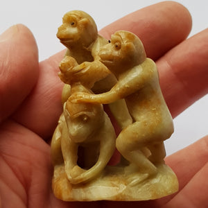 Chinese Hand Carved Soapstone Souvenir Figure Of Three Monkeys Playing Vintage Circa 1930's