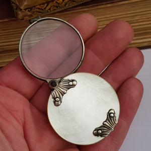 Solid Silver Framed Mother Pearl Cased Pocket Magnifying Glass Antique Victorian circa 1870's