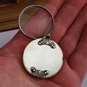 Solid Silver Framed Mother Pearl Cased Pocket Magnifying Glass Antique Victorian circa 1870's