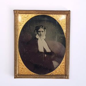 Ambrotype Photograph In Gilded Tin Matted Leather Frame Of A Lady Antique Victorian circa 1870s