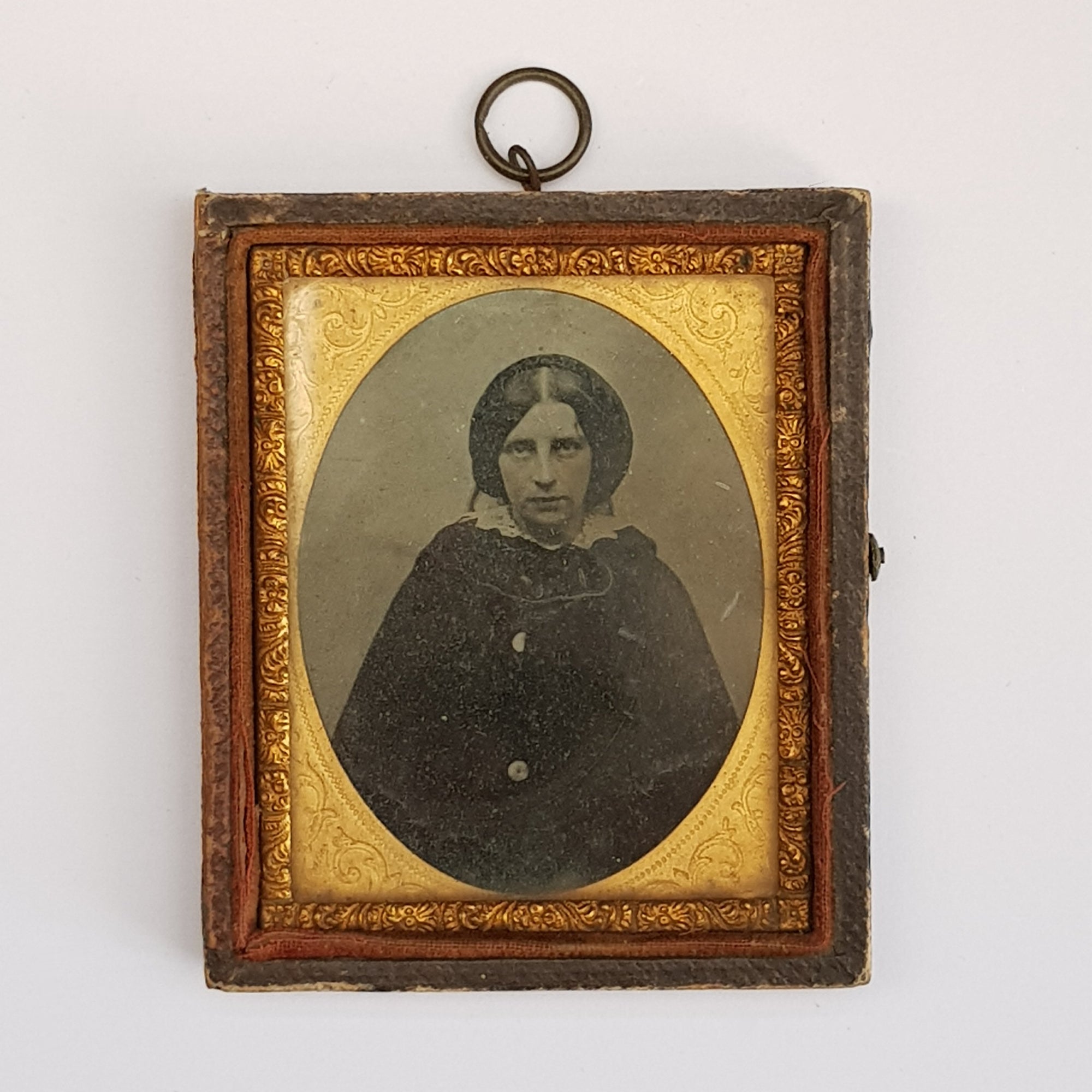 Gilt Matted Ambrotype Photograph Of A Lady In Leather Half Case Antique c1860's