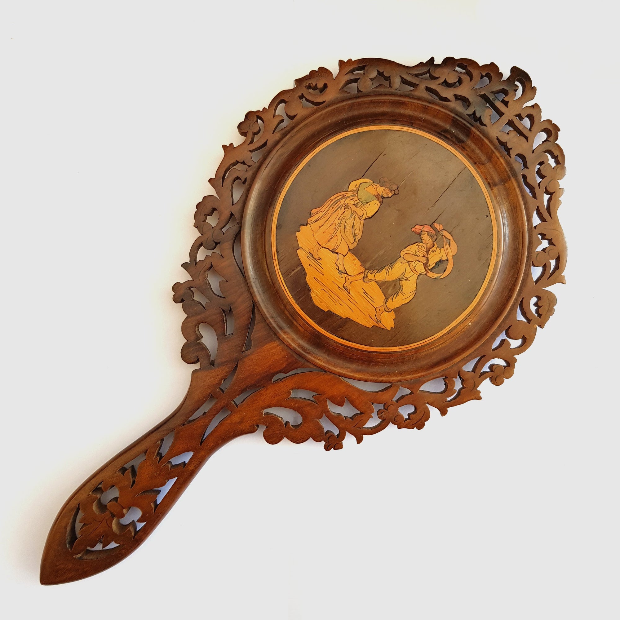 Superb Inlaid Carved Olivewood Sorrento Hand Mirror Antique Italy circa 1900