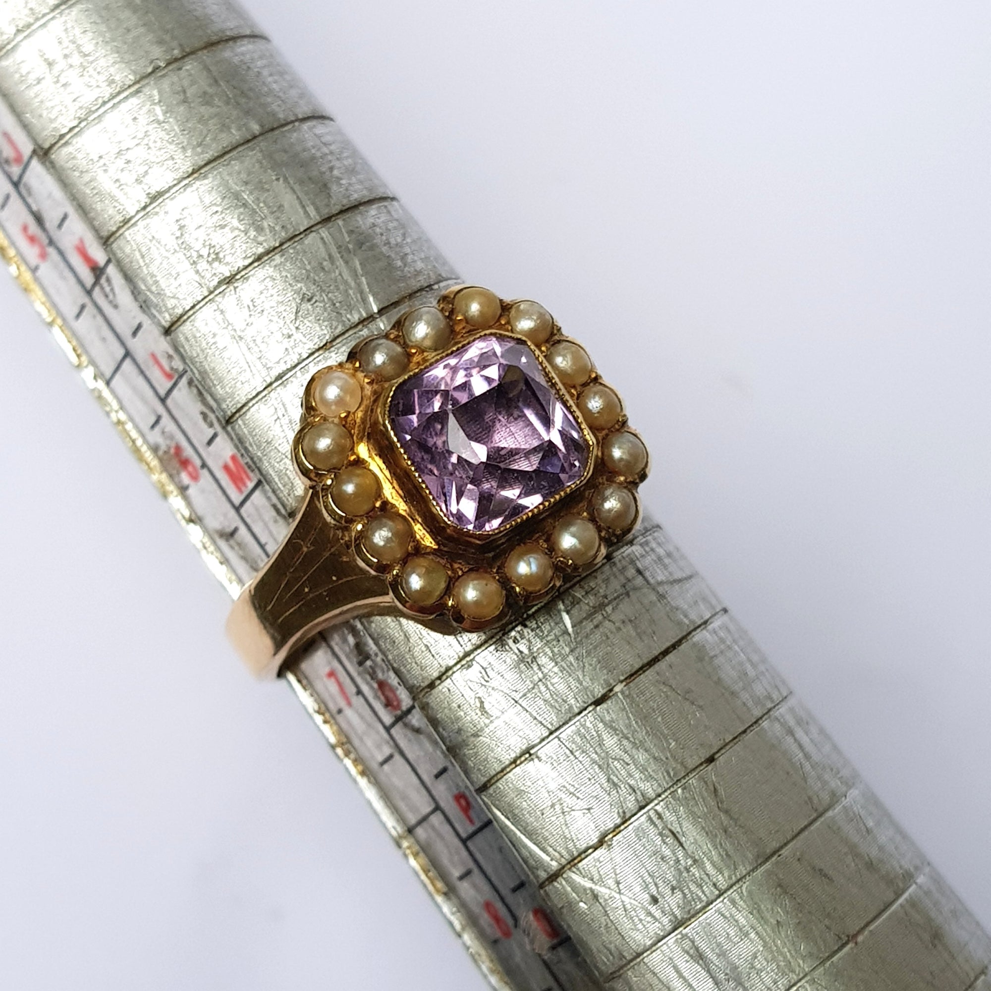 9k Gold Amethyst And Pearl Dress Ring Size U.K N Antique Edwardian circa 1905