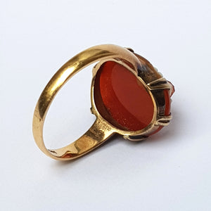 14k Gold Orange And White Agate Shield Ring Size U.K Y Rare Antique circa 1920