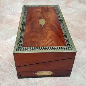 Superb Large Brass Bound Flame Mahogany Writing Box Fully Fitted With Side Drawer Antique Victorian Circa 1870