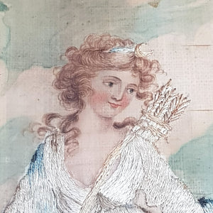 Hand Painted And Embroidered Silk Picture Of Diana The Huntress Framed Antique Georgian circa 1810