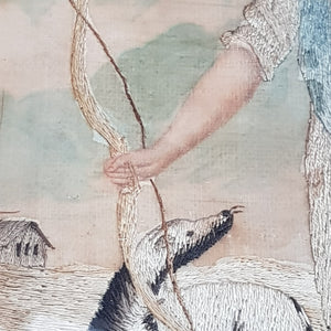 Hand Painted And Embroidered Silk Picture Of Diana The Huntress Framed Antique Georgian circa 1810