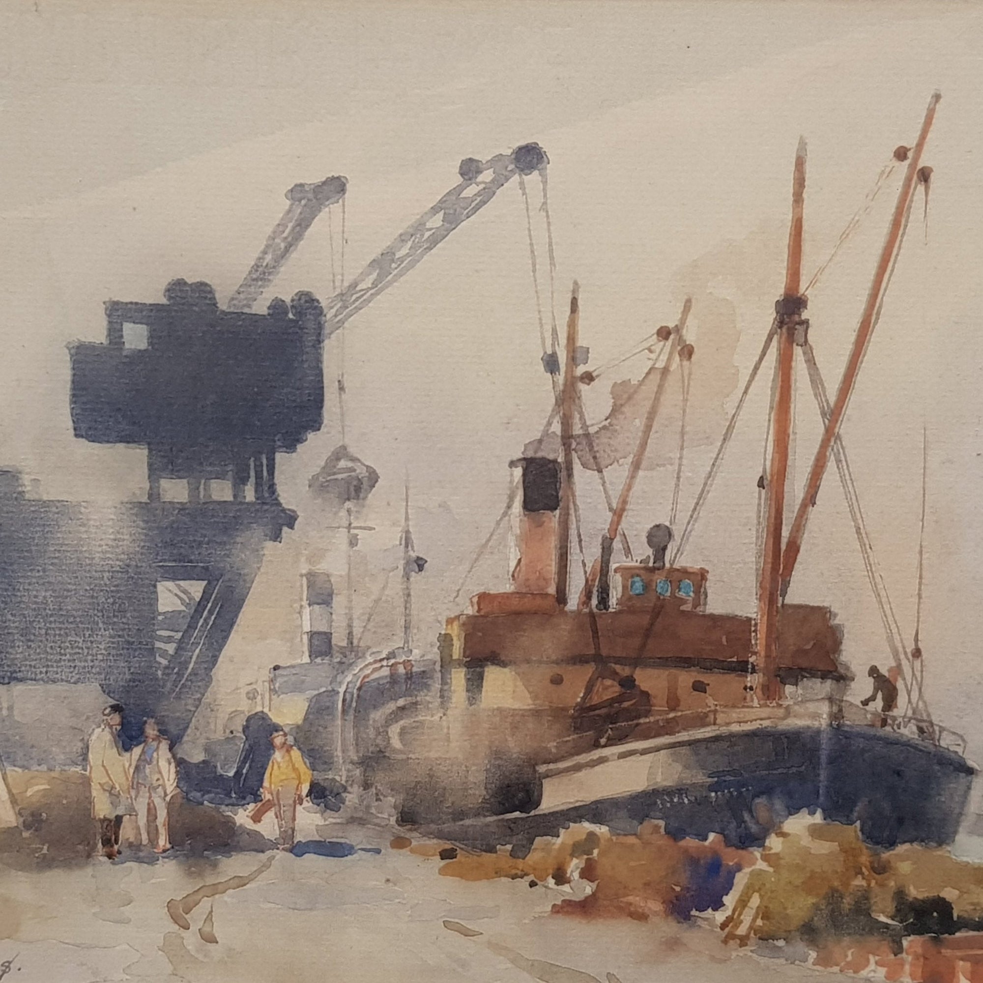 Original Watercolour Painting Of Harbour Scene Signed William Hyams Vintage Retro circa 1938