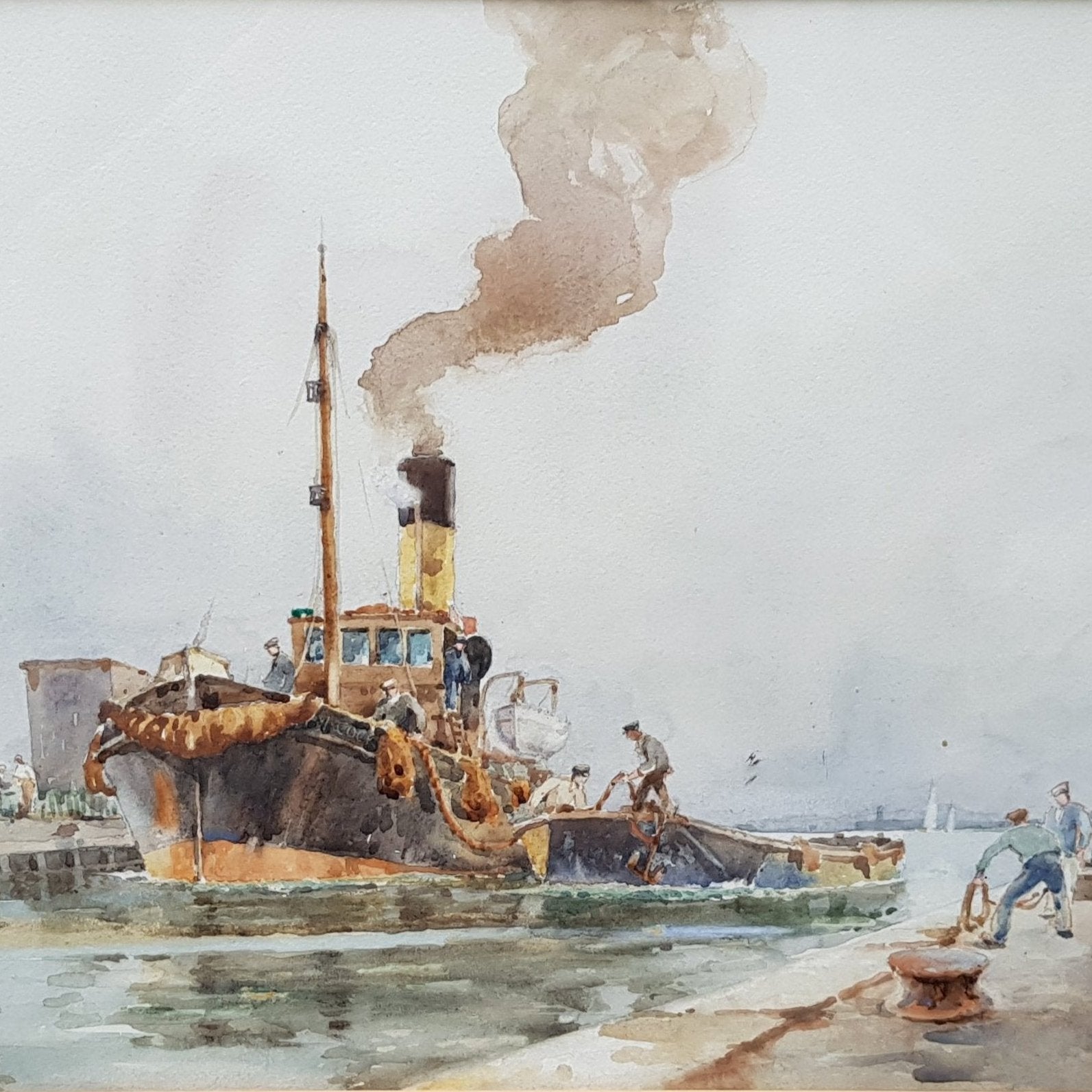 Original Watercolour Painting Passing Through The Lock At Southwick Signed William Hyams circa 1938