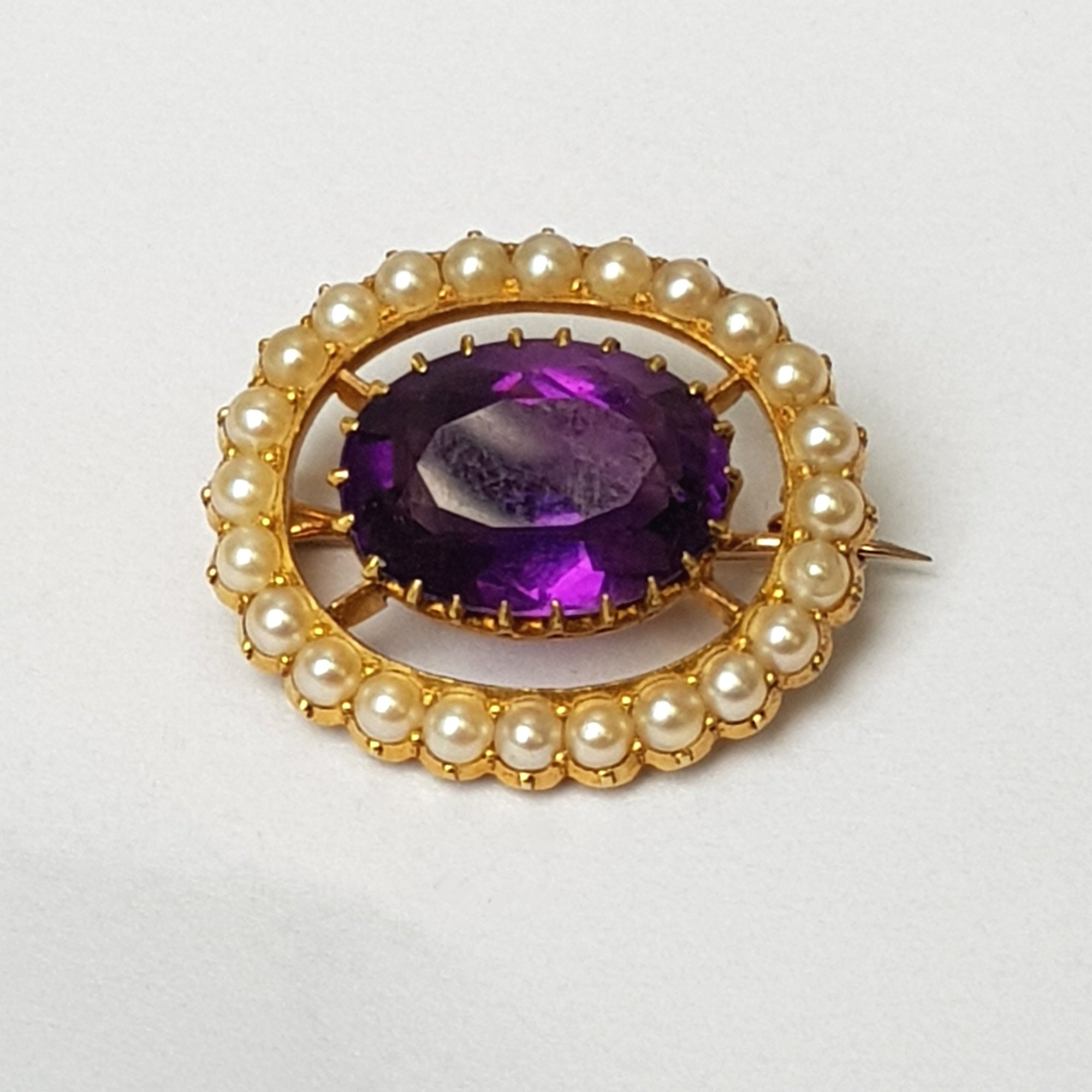 18k Gold Amethyst Seed Pearl Lace Pin Brooch Antique Edwardian circa 1905