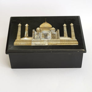 Superb Carved Slate Mother Of Pearl Inlaid Taj Mahal Souvenir Trinket Box Indian Vintage circa 1930